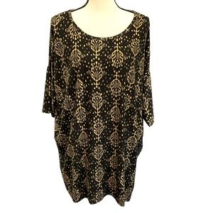 LulaRoe Womens Irma Tunic Top Plus Sz 2x Black Khaki High Low Short Sleeves Soft